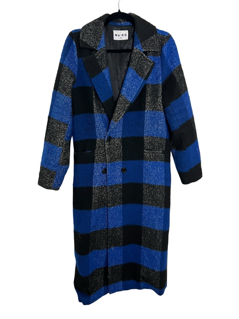 NA-KD Long Coat Blue Black Buffalo Plaid Check Oversized Streetwear Preppy M